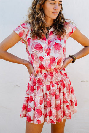 Jenny Silk Mini Dress - Red Floral Palm