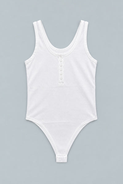 Ribbed Henley Tank Bodysuit - White