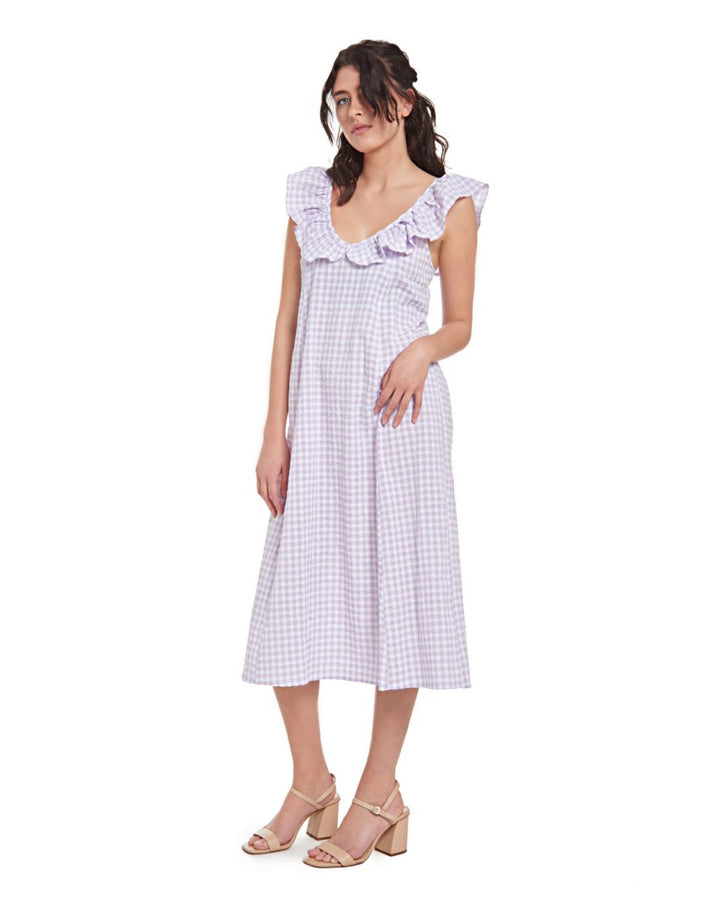 Erin Ruffle Midi Dress - Lavender Ginham