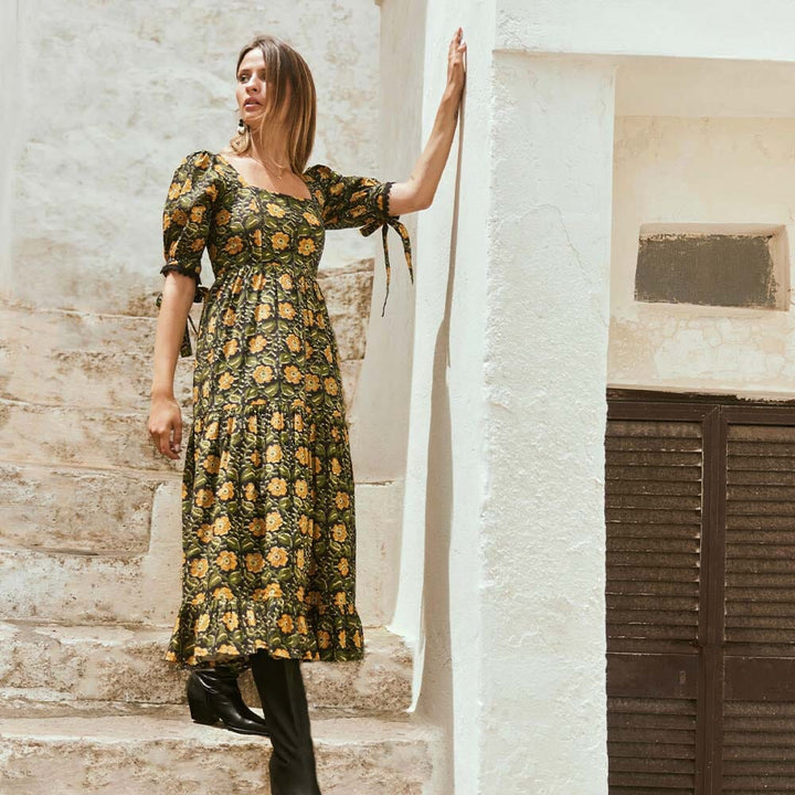 Barbara Maxi Dress - Faded Black & Golden Floral Print Dresses + Skirts Eddy 