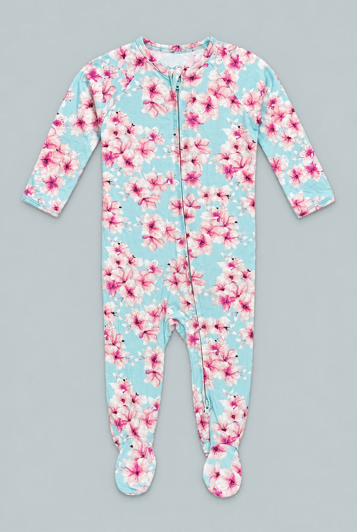 Pretty Pink Floral Zipper Footie - Cherry Blossoms