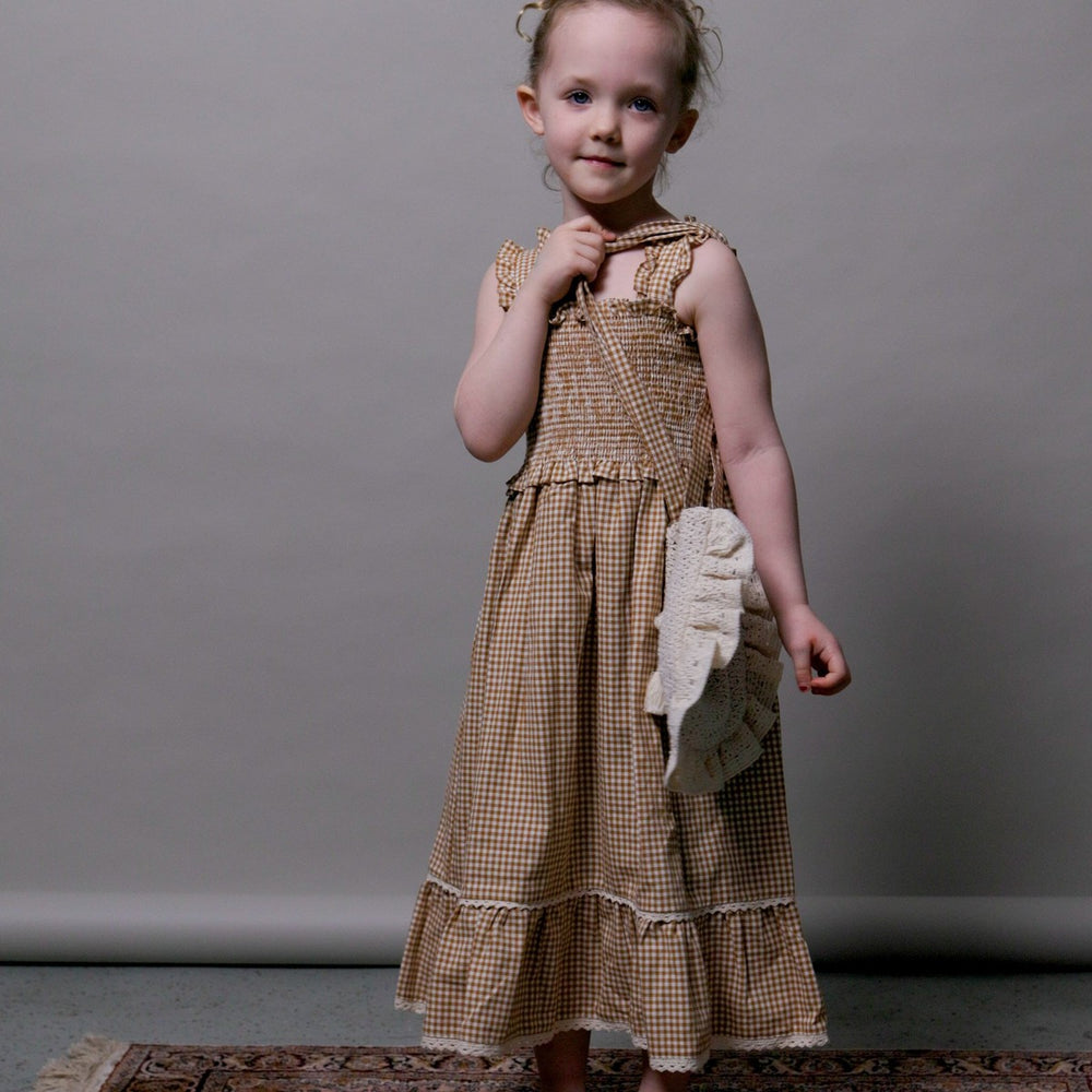 Marion Dress - Caramel Gingham Dresses + Skirts Bebe Organic