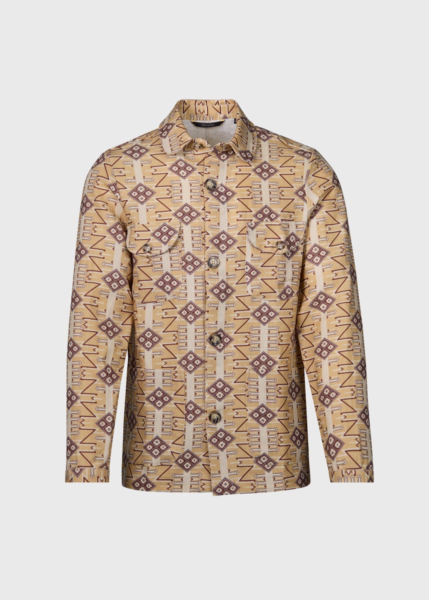 Printed Linen Shirt Jacket - Tan - Collared Shirt