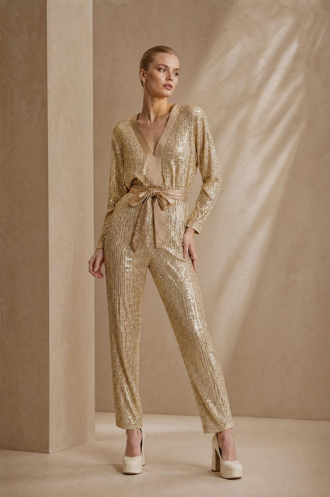 Sequin V-Neck Jumpsuit - Gold