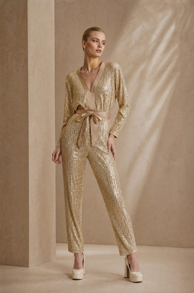 Sequin V-Neck Jumpsuit - Gold