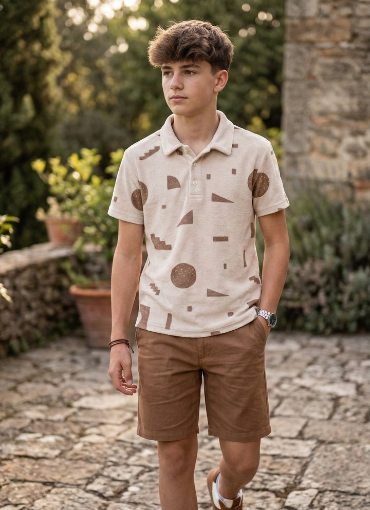 Boys Terry Polo Shirt with Geo Print - Cream