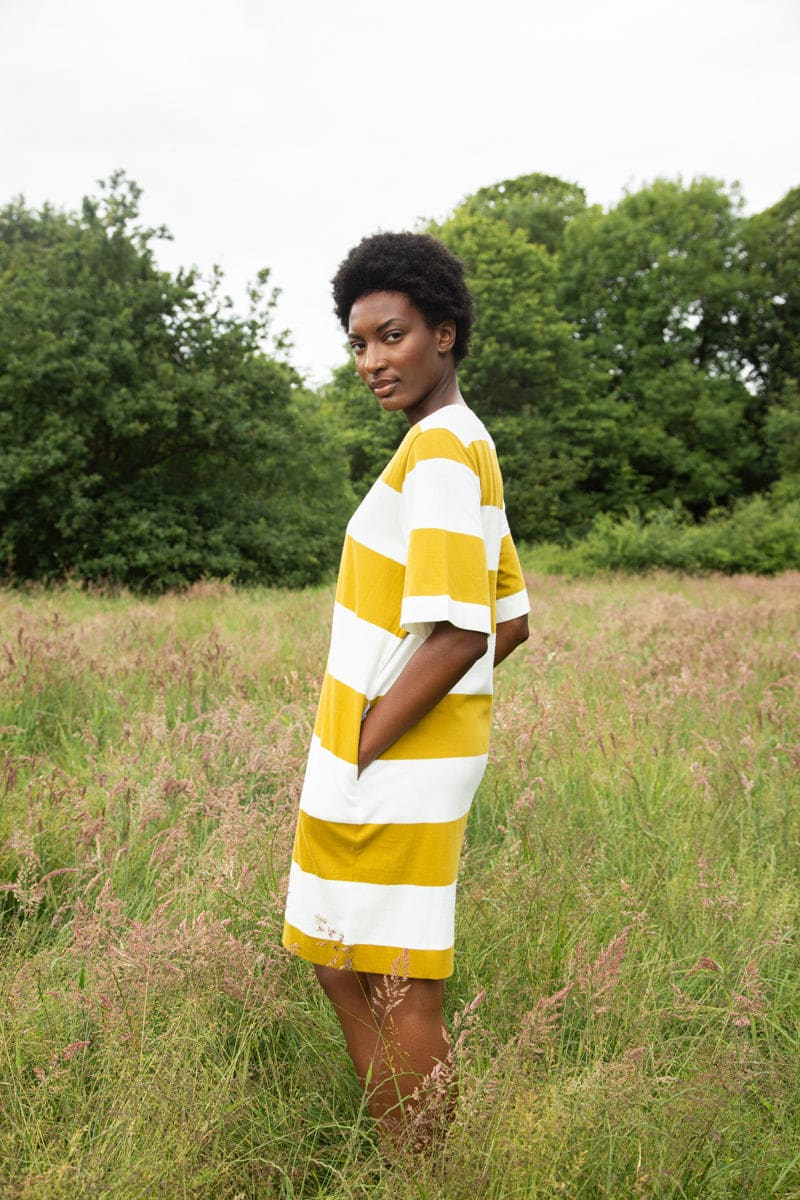 Sasha-Sue Organic Cotton Dress - Olive and White Bold Stripe