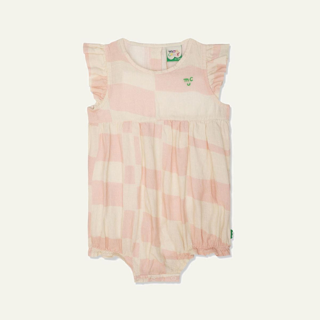 Checkered Linen Baby Girl Romper - Natural/sepia Rose