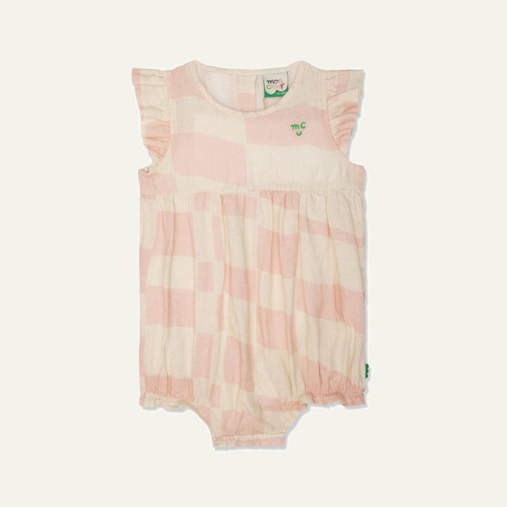 Checkered Linen Baby Girl Romper - Natural/sepia Rose