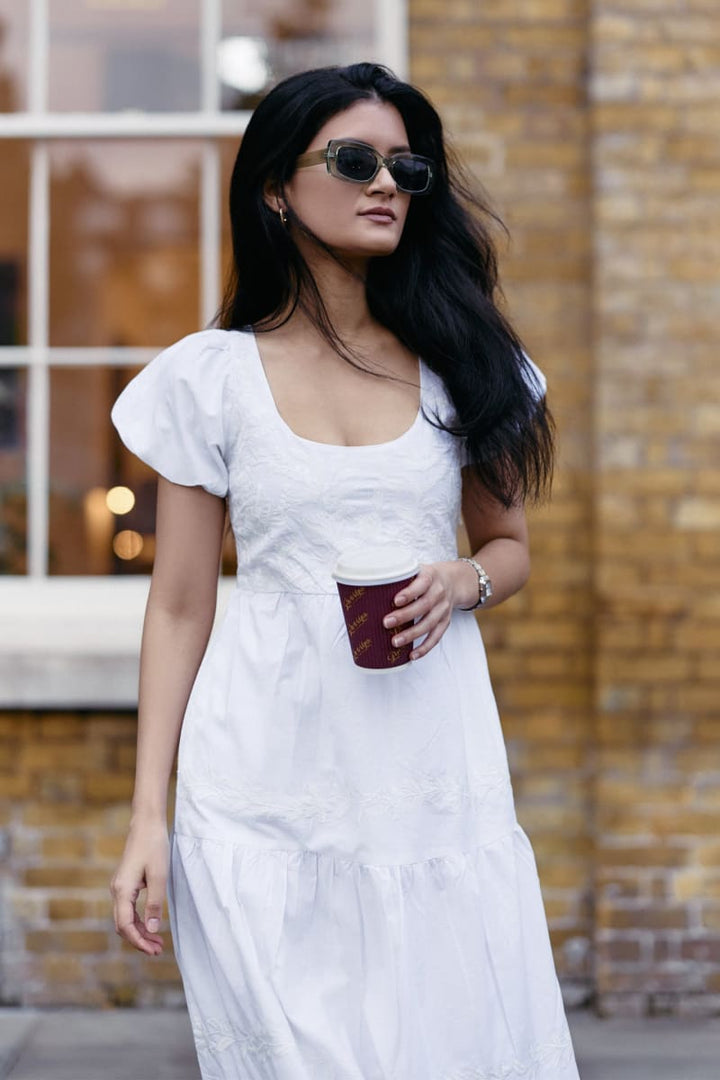 Puff Sleeve Embroidered Tiered Dress - Coconut White