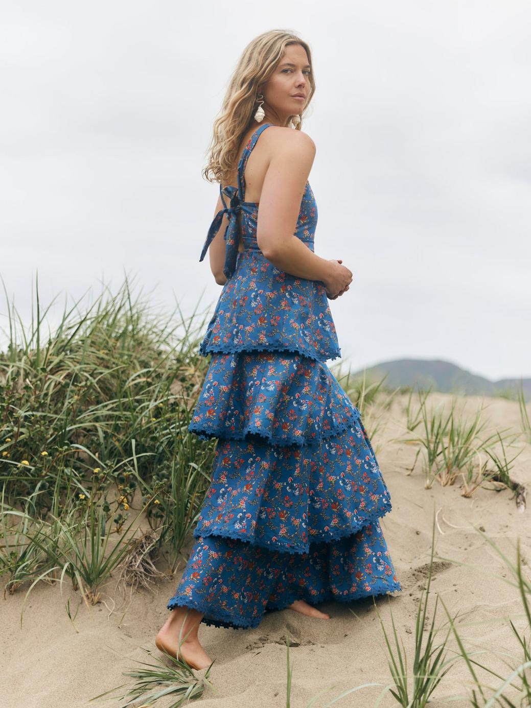 Emma Tiered Dress - Blue Floral Spritz