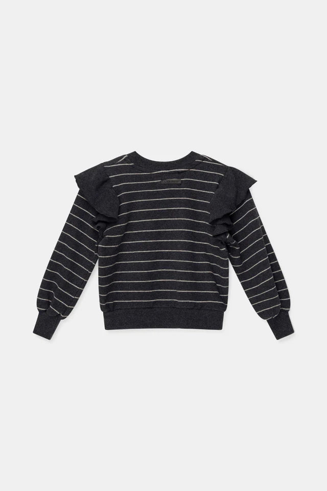 Organic stripes ruffle sweater - Dark grey