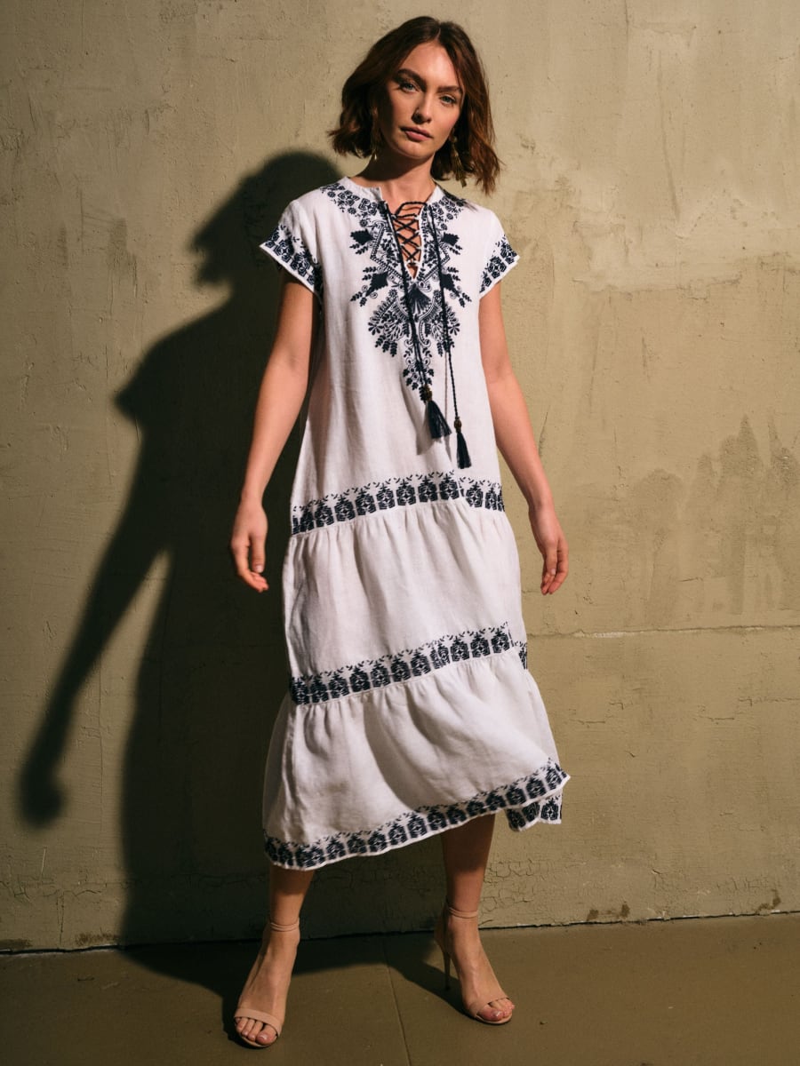 Coralie Dress - White/Navy Embroidery