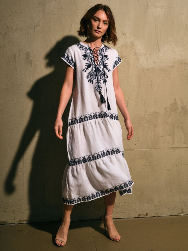 Coralie Dress - White/Navy Embroidery