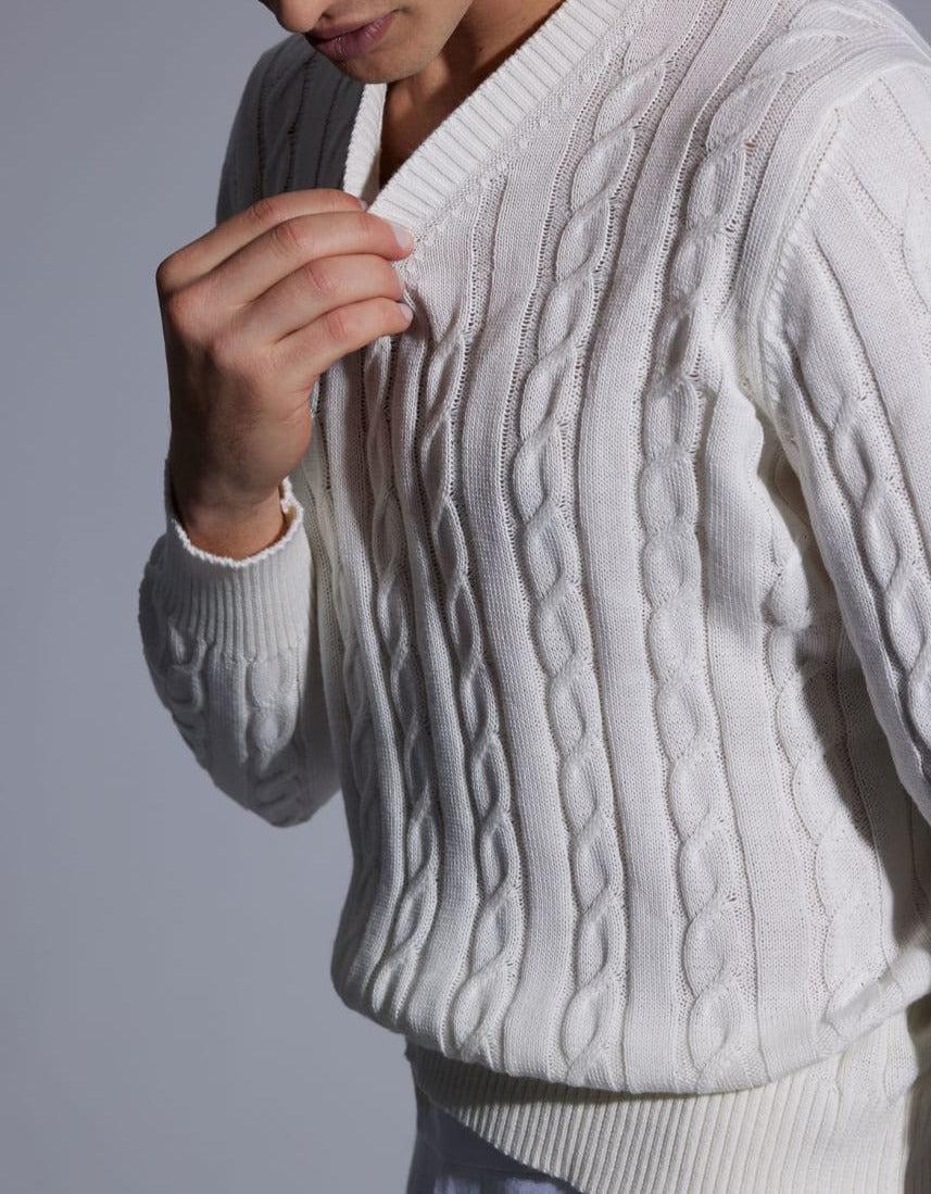 Phineas Cole Cotton Cable V-Neck Pullover - White