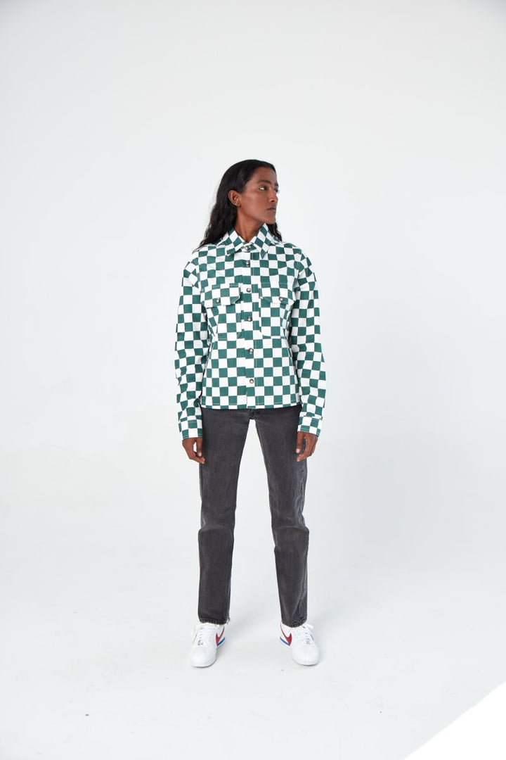 Hand Printed 'The Sophia' Over-Shirt - Green Chessboard Twill