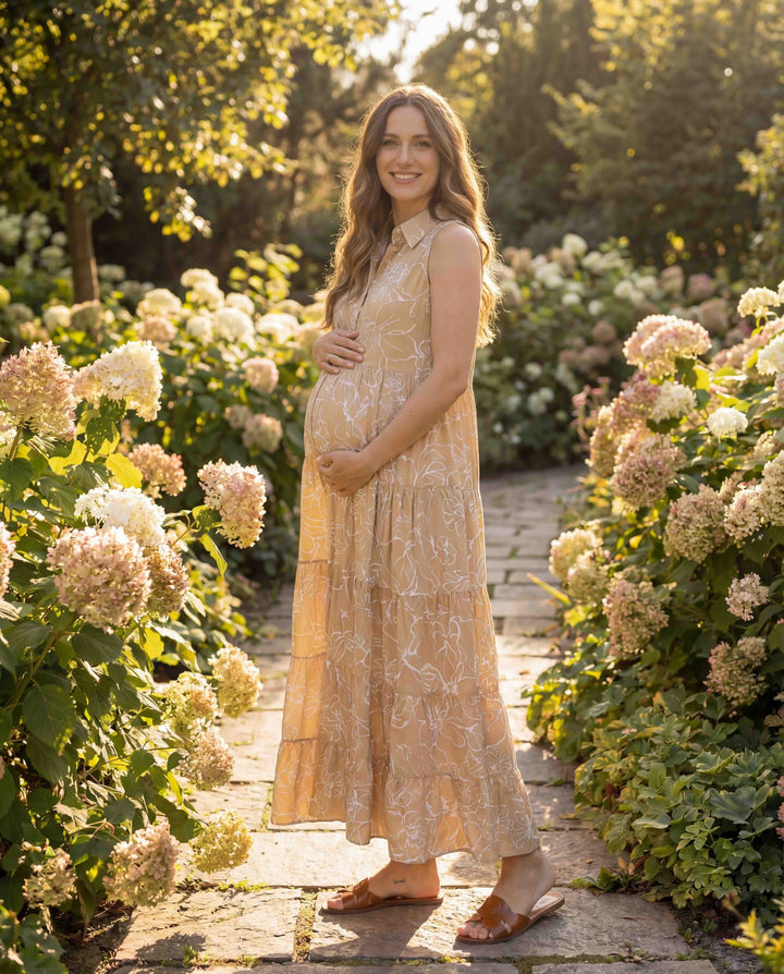 CLARA QD51 Sleeveless Printed Maxi Maternity Dress - Sand Fine Lines
