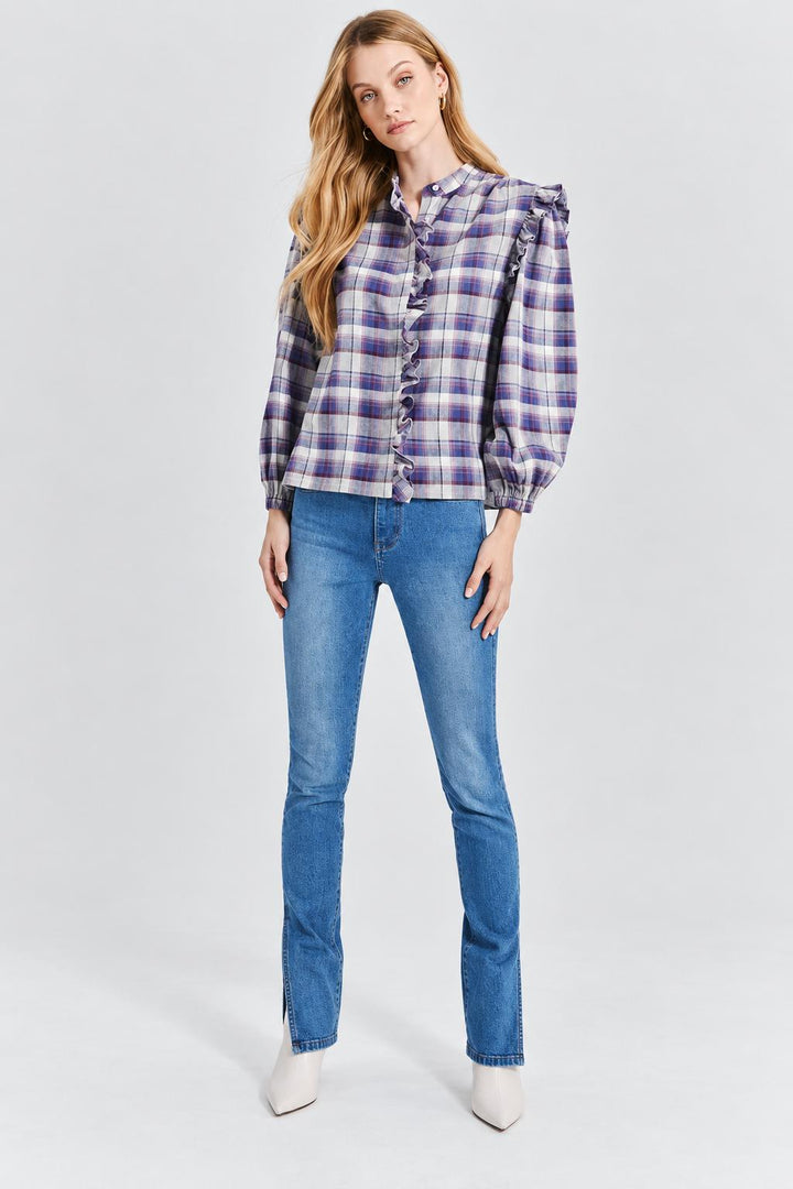 Flannel Plaid Ruffle Shirt - Purple Combo