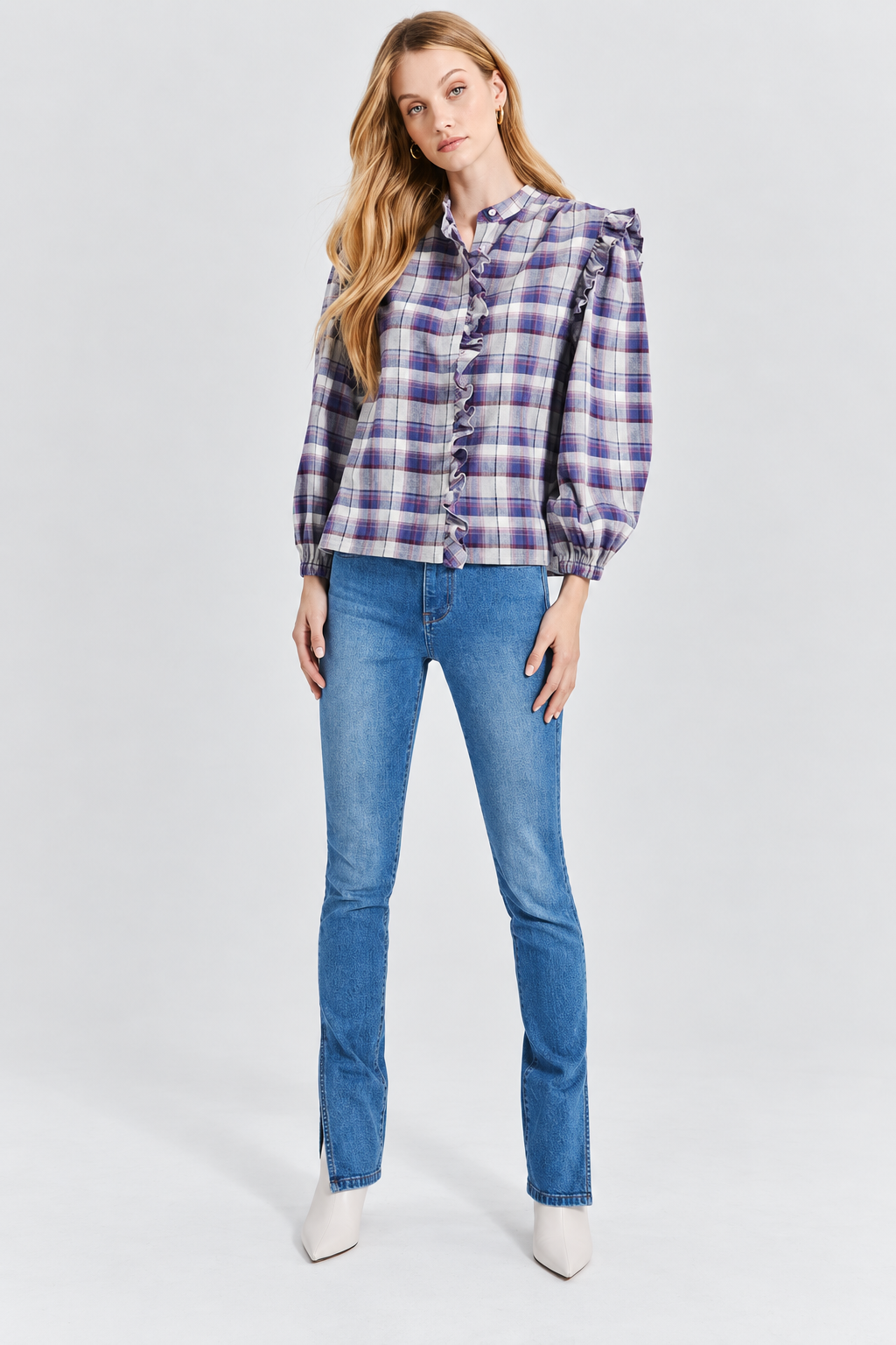 Flannel Plaid Ruffle Shirt - Purple Combo
