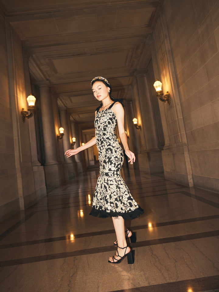 Doris Embroidered Fringe Midi Dress - Midnight/Cream Floral embroidery