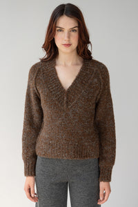 V Neck Boucle Pullover - Grey/Camel