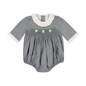 Heidi Long Sleeve Smocked Bubble Romper - Grey Winter