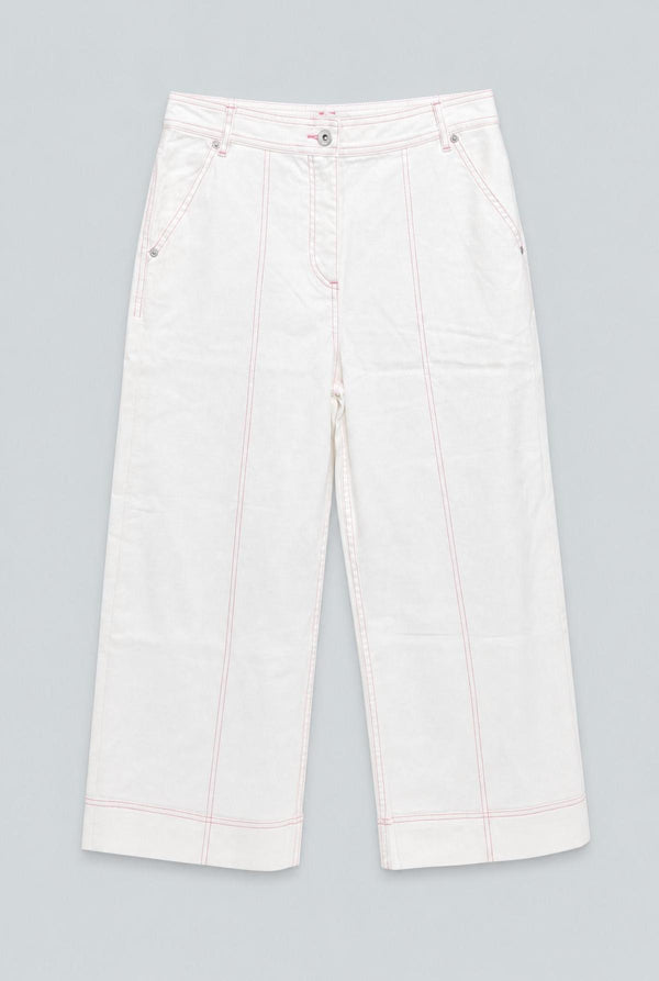 Contrast Stitch Cropped Wide Leg Denim - White