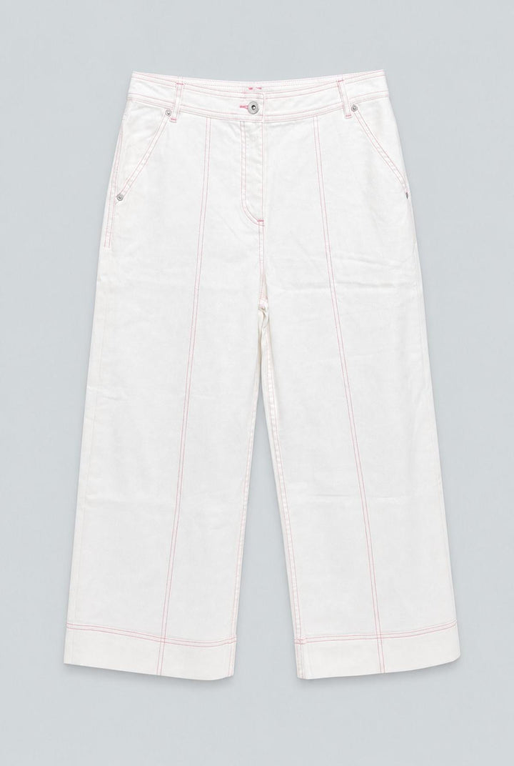 Contrast Stitch Cropped Wide Leg Denim - White
