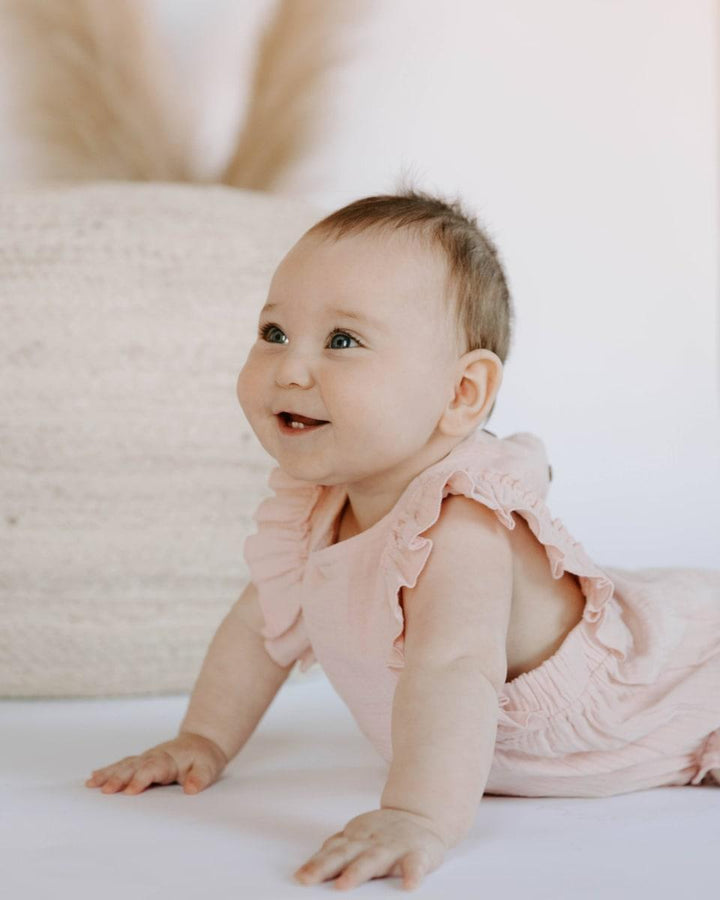 Organic Cotton Muslin Flutter Sleeve Bubble Romper - Orchid Pink