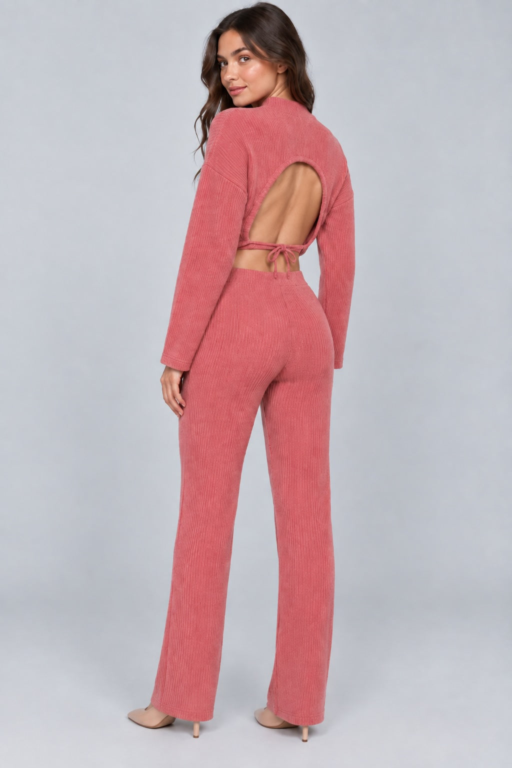 Ribbed Textured Flare Pants With Slits - Rose