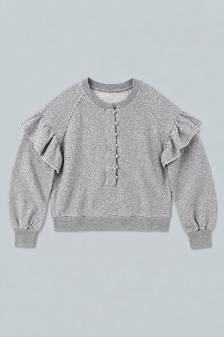 Henley Ruffle Sweatshirt - Heather Gray