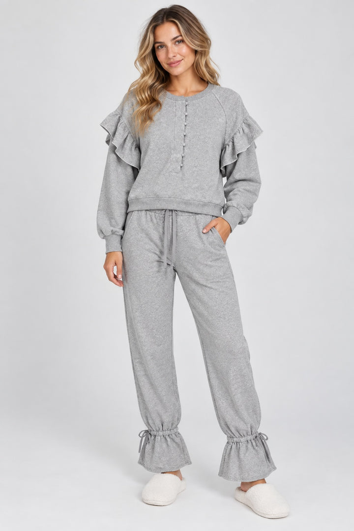 Henley Ruffle Sweatshirt - Heather Gray