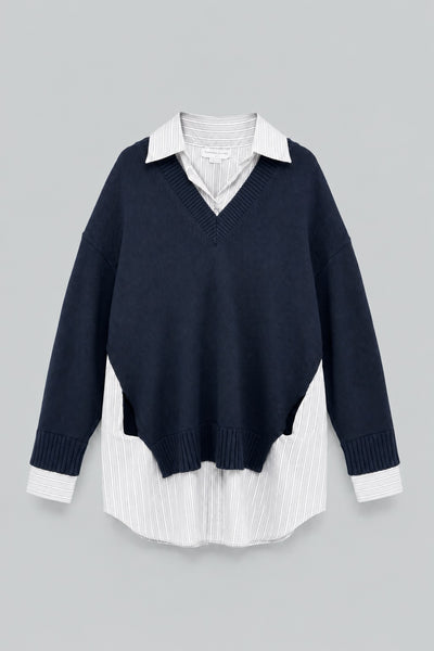 Crewneck Sweater Shirt Dress - Navy