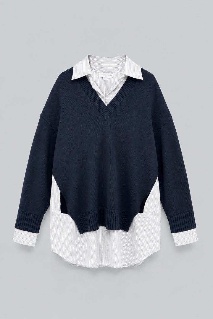Crewneck Sweater Shirt Dress - Navy