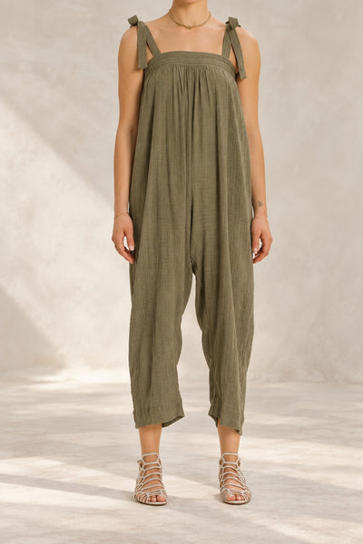 Tie Shoulder Wide Leg Jumpsuit - Army