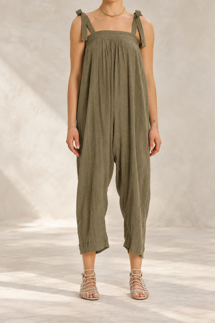 Tie Shoulder Wide Leg Jumpsuit - Army