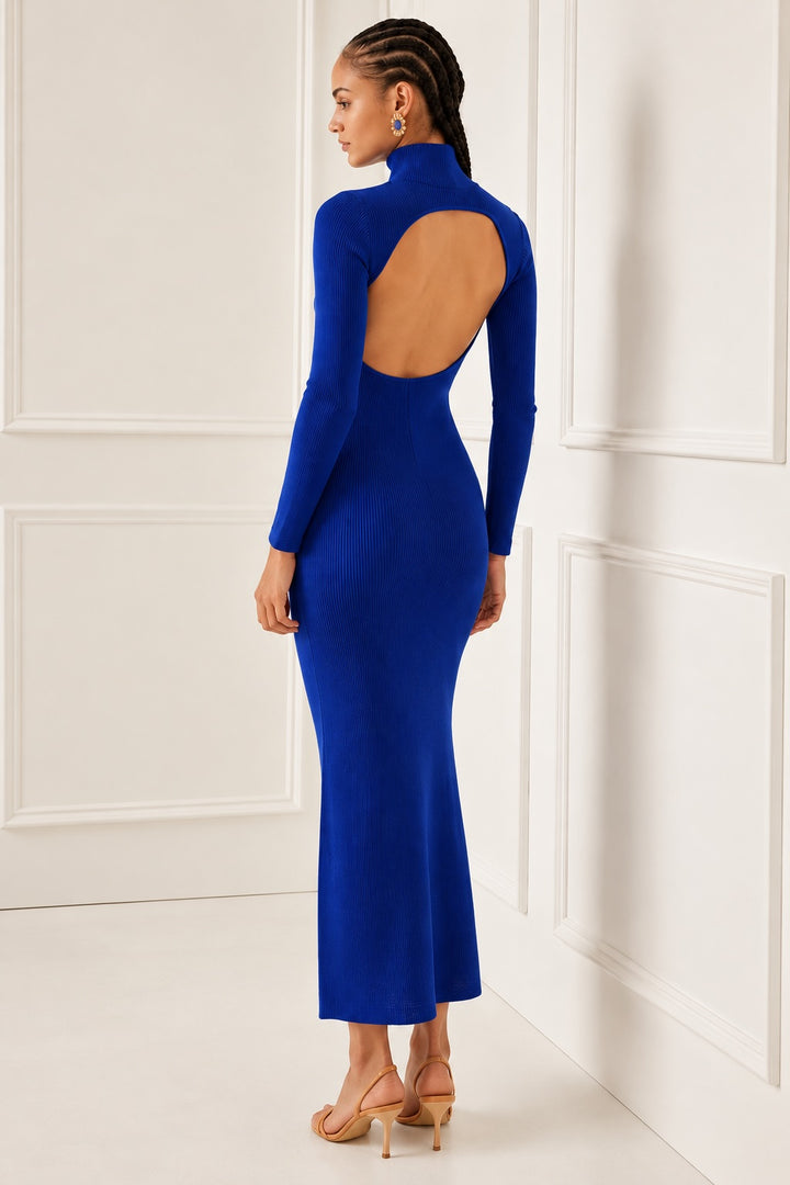 Turtleneck Open Back Sweater Dress - Cobalt