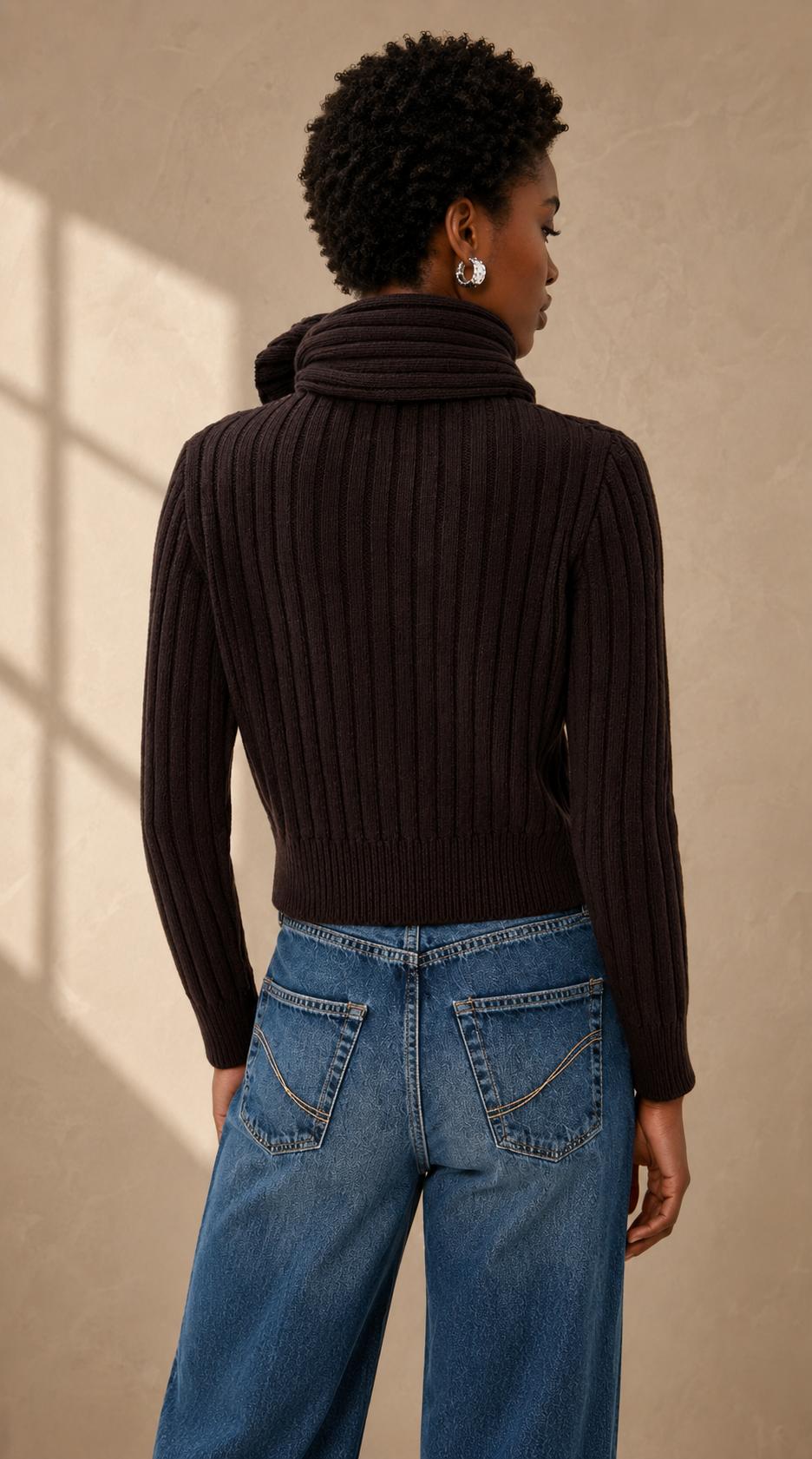 The Ryan Ribbed Scarf Cashmere Sweater - Chocolate Brown