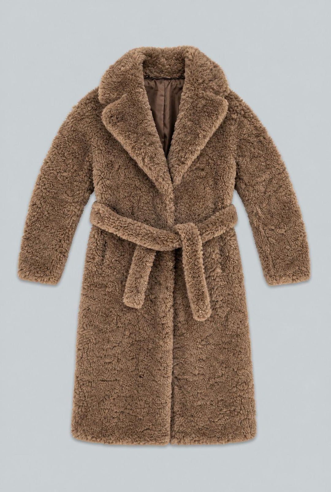Faux Fur Belted Coat - Brown