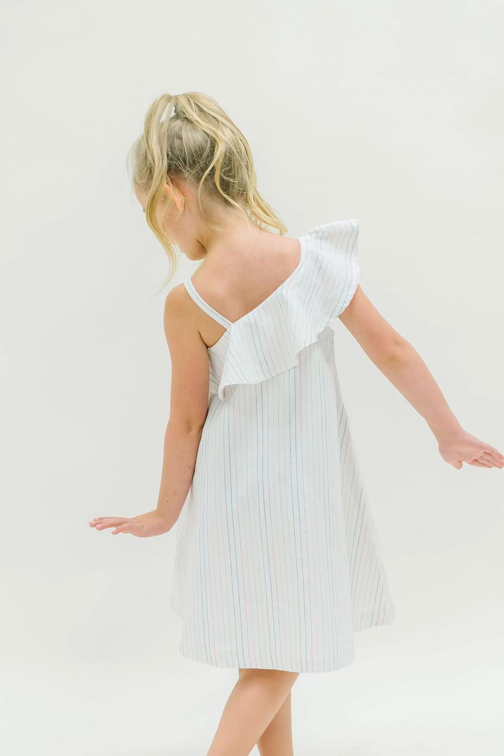 One Shoulder Flounce Dress - Rainbow Pencil Stripe