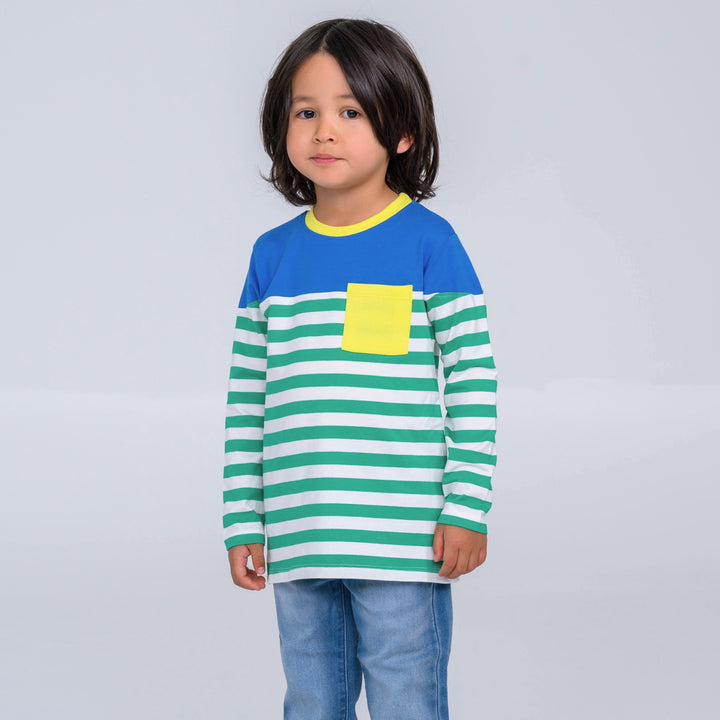 Long Sleeve Multicolor Pocket T-Shirt - Green Stripes