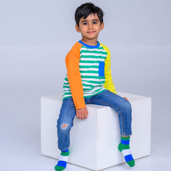 Long Sleeve Multicolor Raglan T-Shirt - Blarney Green Stripes