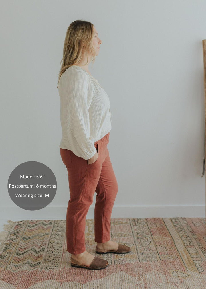Everyday Transitional Maternity Smocked Linen Pant - Cinnamon