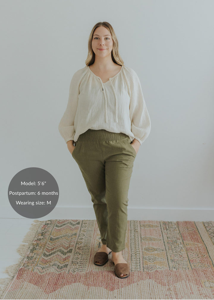 Everyday Transitional Maternity Smocked Linen Pant - Olive