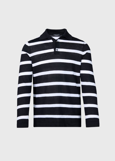 Stripe Linen & Cotton Long Sleeve Polo - Black/White