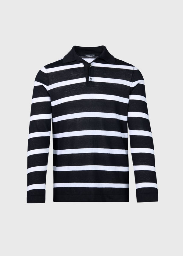 Stripe Linen & Cotton Long Sleeve Polo - Black/White