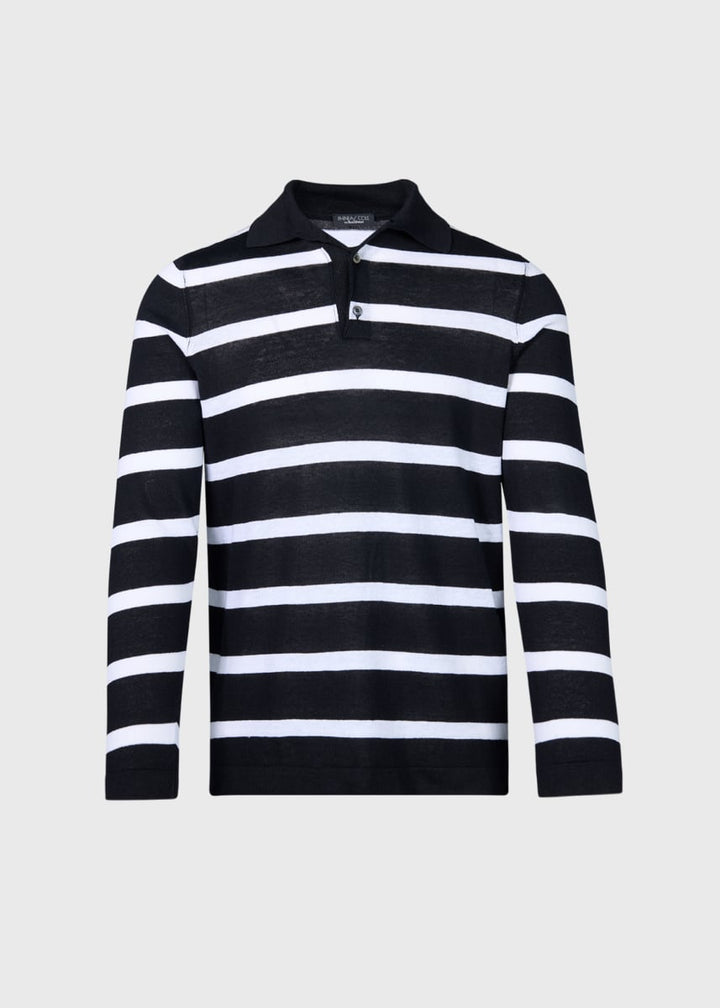Stripe Linen & Cotton Long Sleeve Polo - Black/White