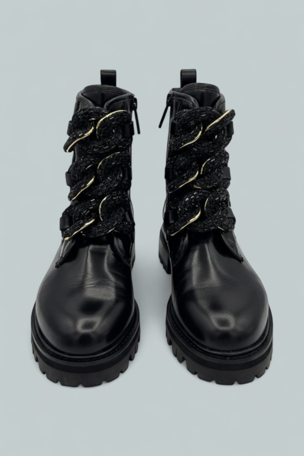 Crystal Chain Combat Boots - Black