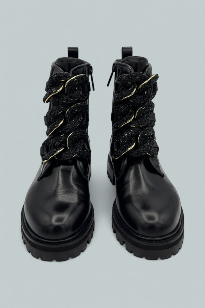 Crystal Chain Combat Boots - Black