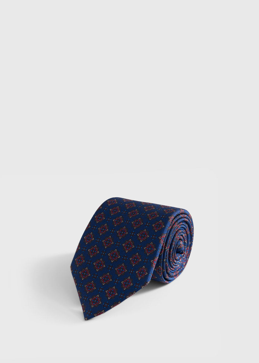Medallion Motif Silk Tie - Navy